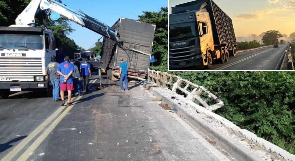 Caminhão boiadeiro com 48 cabeças de gado fica suspenso em ponte na BR-153 caminhao-boiadeiro-com-48-cabecas-de-gado-fica-suspenso-em-ponte-na-br-153